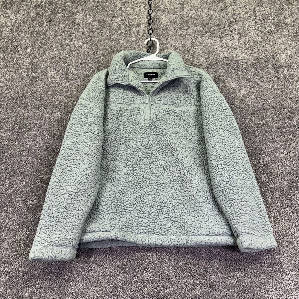 Zenana Sweater Womens L Green Gray Fleece 1/4 Zip Mock Neck Pullover Winter